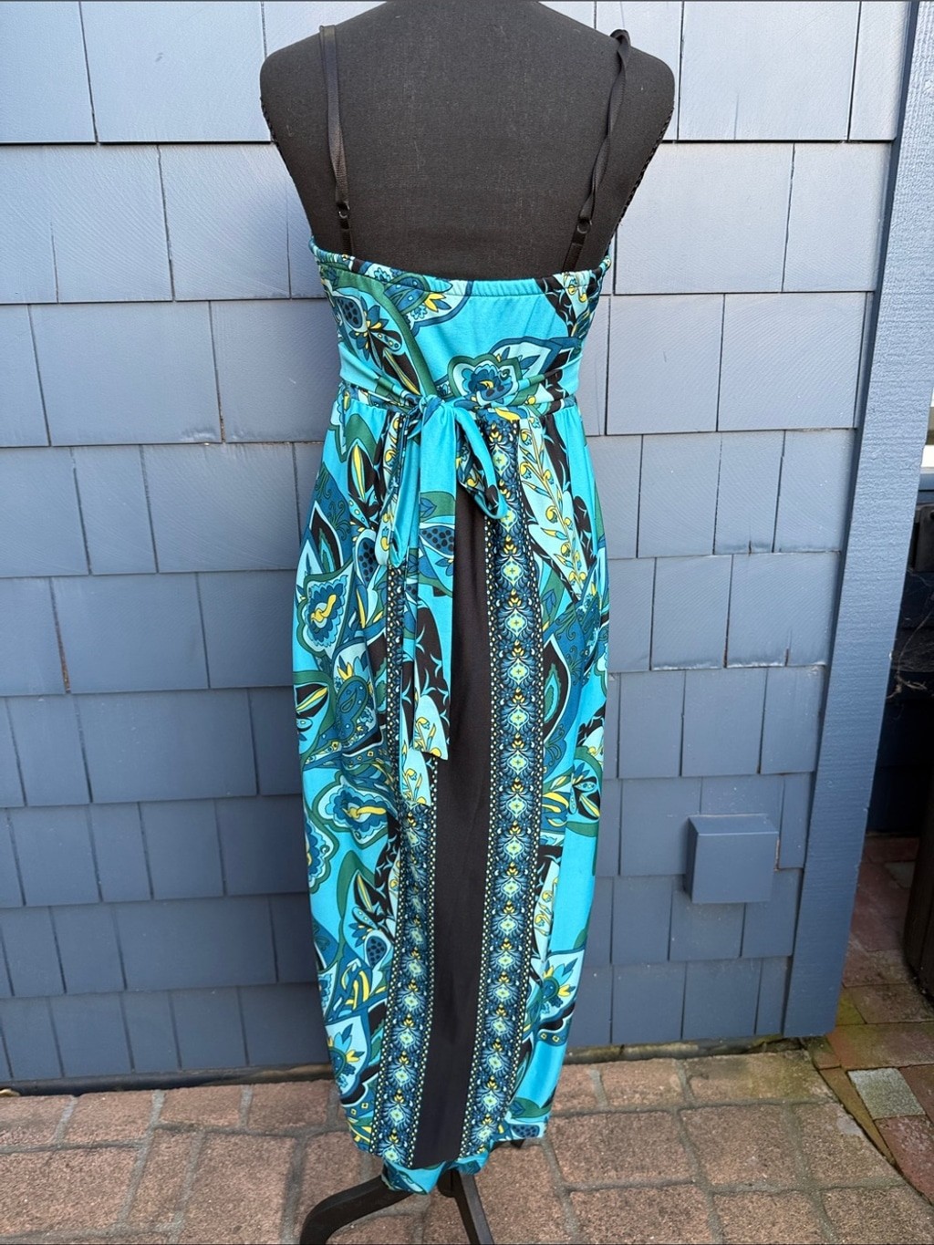Snap Turquoise and Black Printed Maxi Dress medium 70’s style blue retro