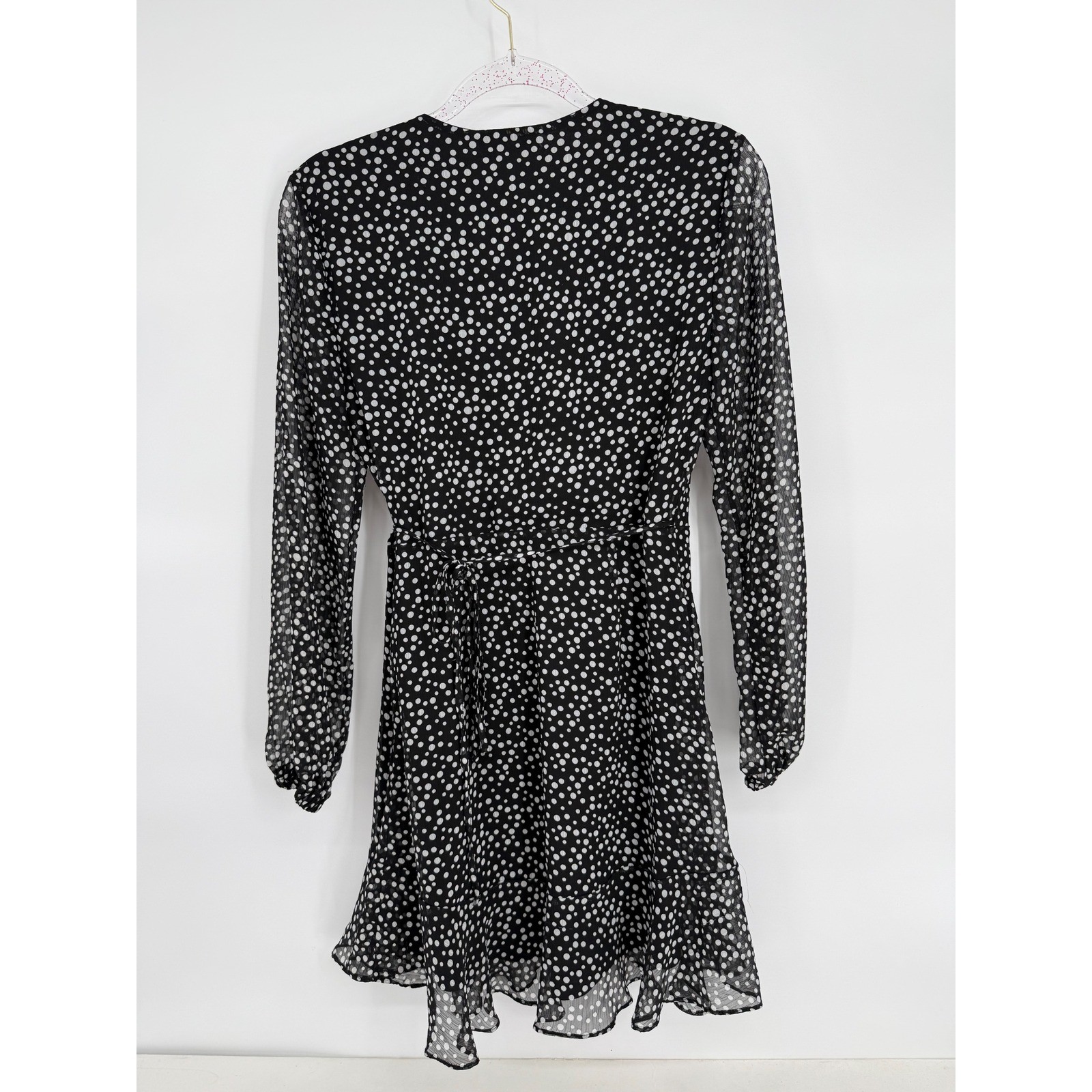All in Favor Black Dotted Wrap Ruffle Hem Mini Dress Size S