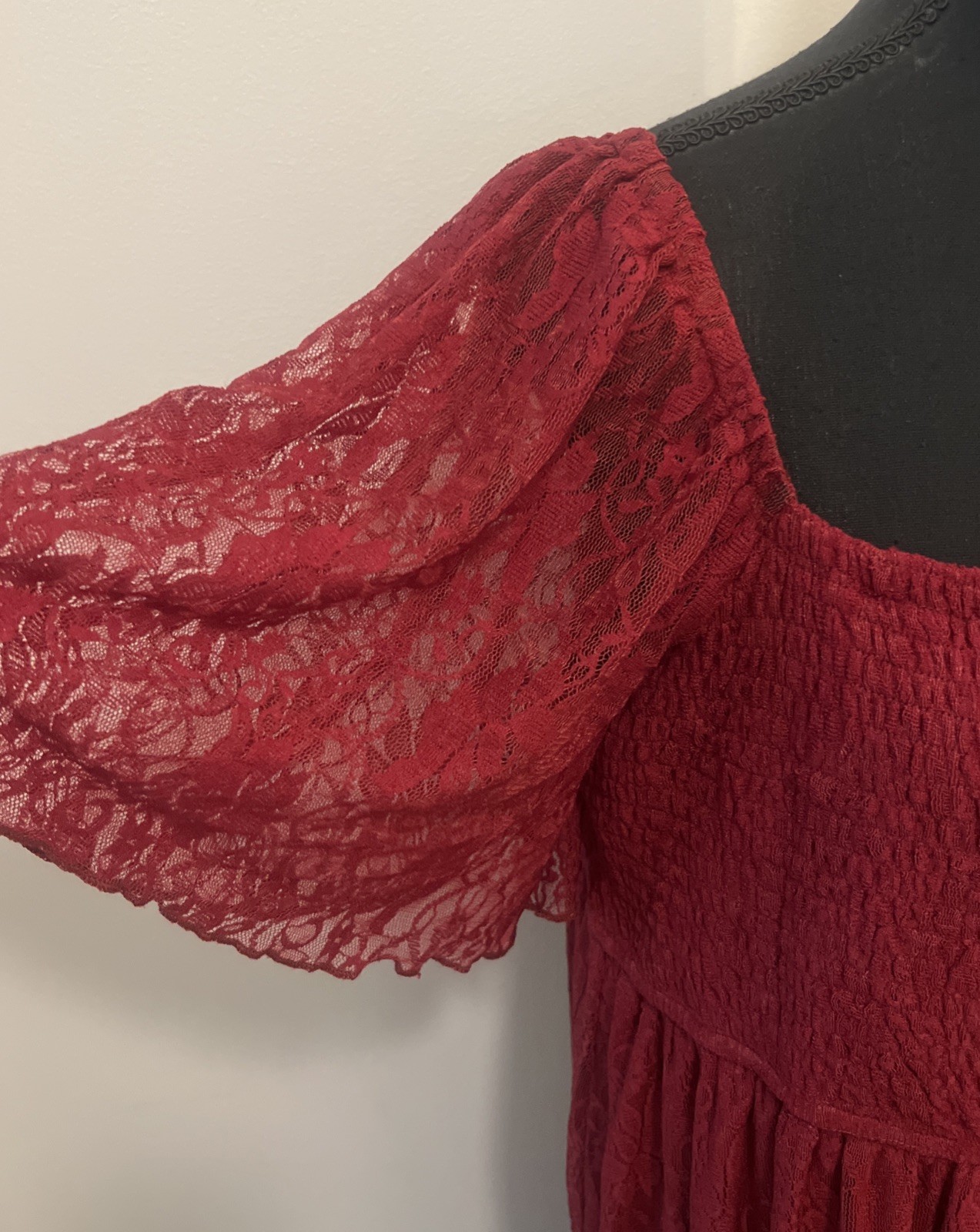 SCOMCHIC Red Wine Peasant Lace Maxi Dress Plus Sz 2XL Smocked