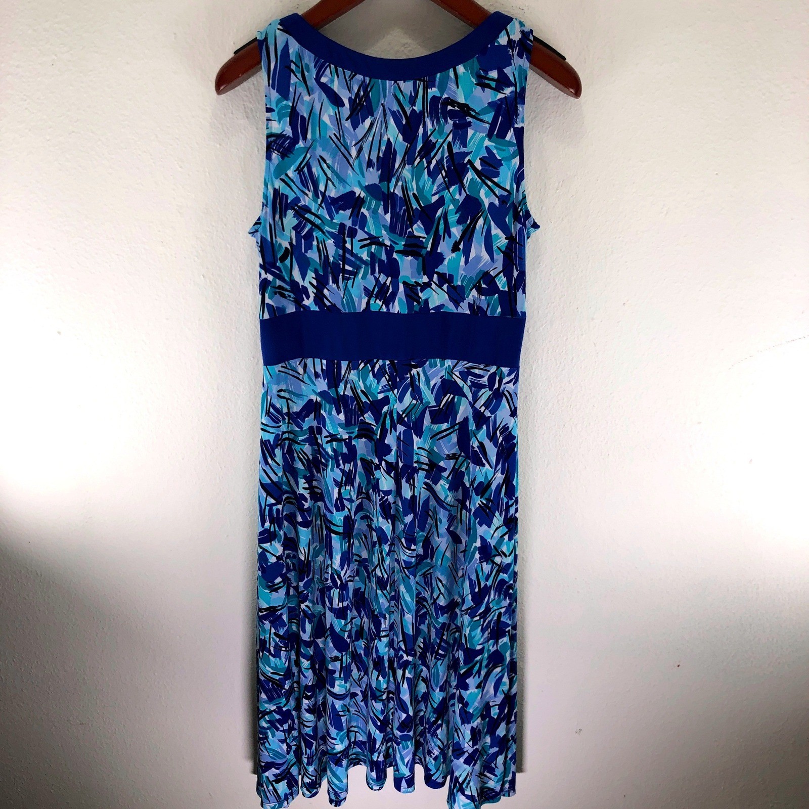 Perceptions New York Blue Abstract Brushstroke Sleeveless Midi Dress Womens 16