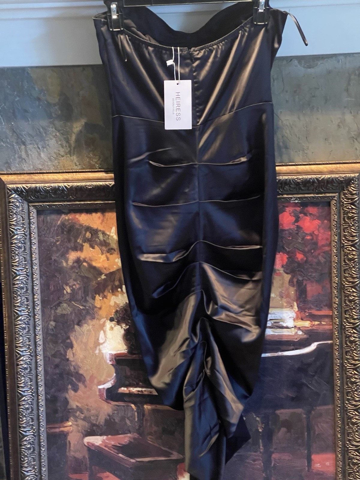 HEIRESS Beverly Hills Black Satin Rouched Midi Dress Corset Size US Medium NWT