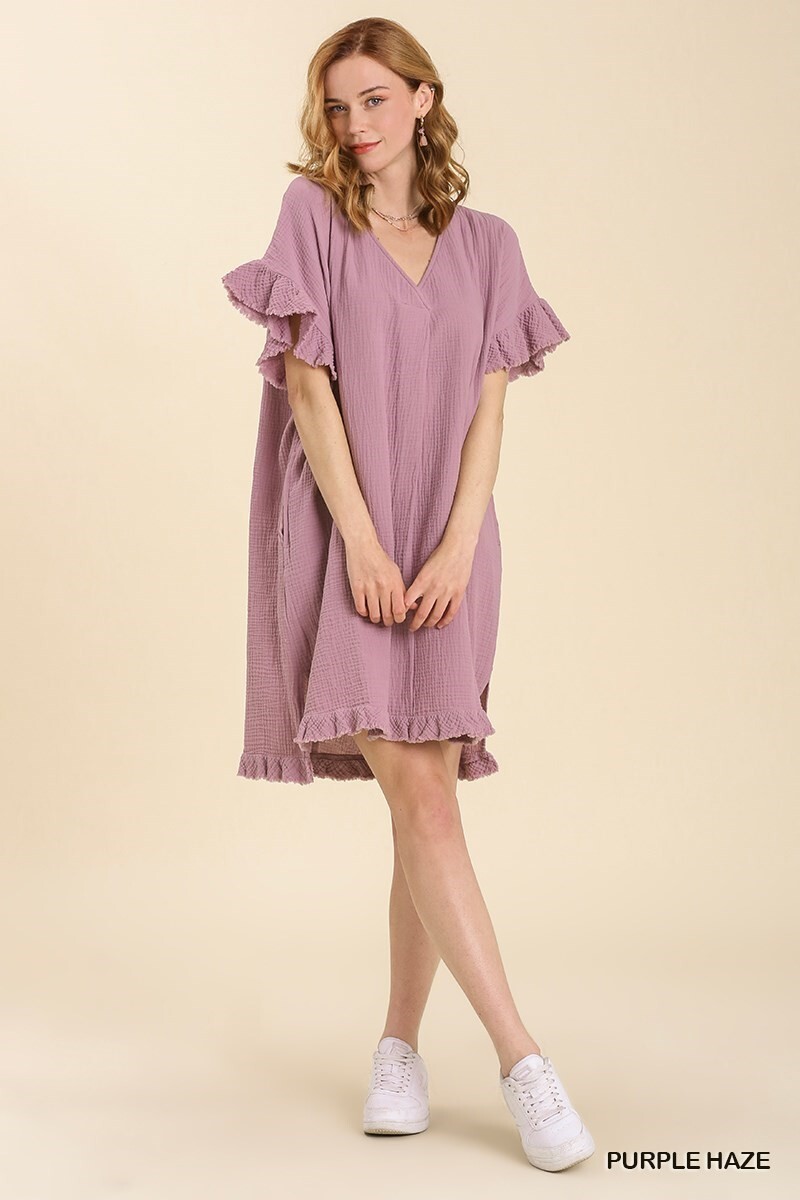 Umgee Purple Haze V-Neck Ruffle Sleeve Dress with Side Slit with pockets
