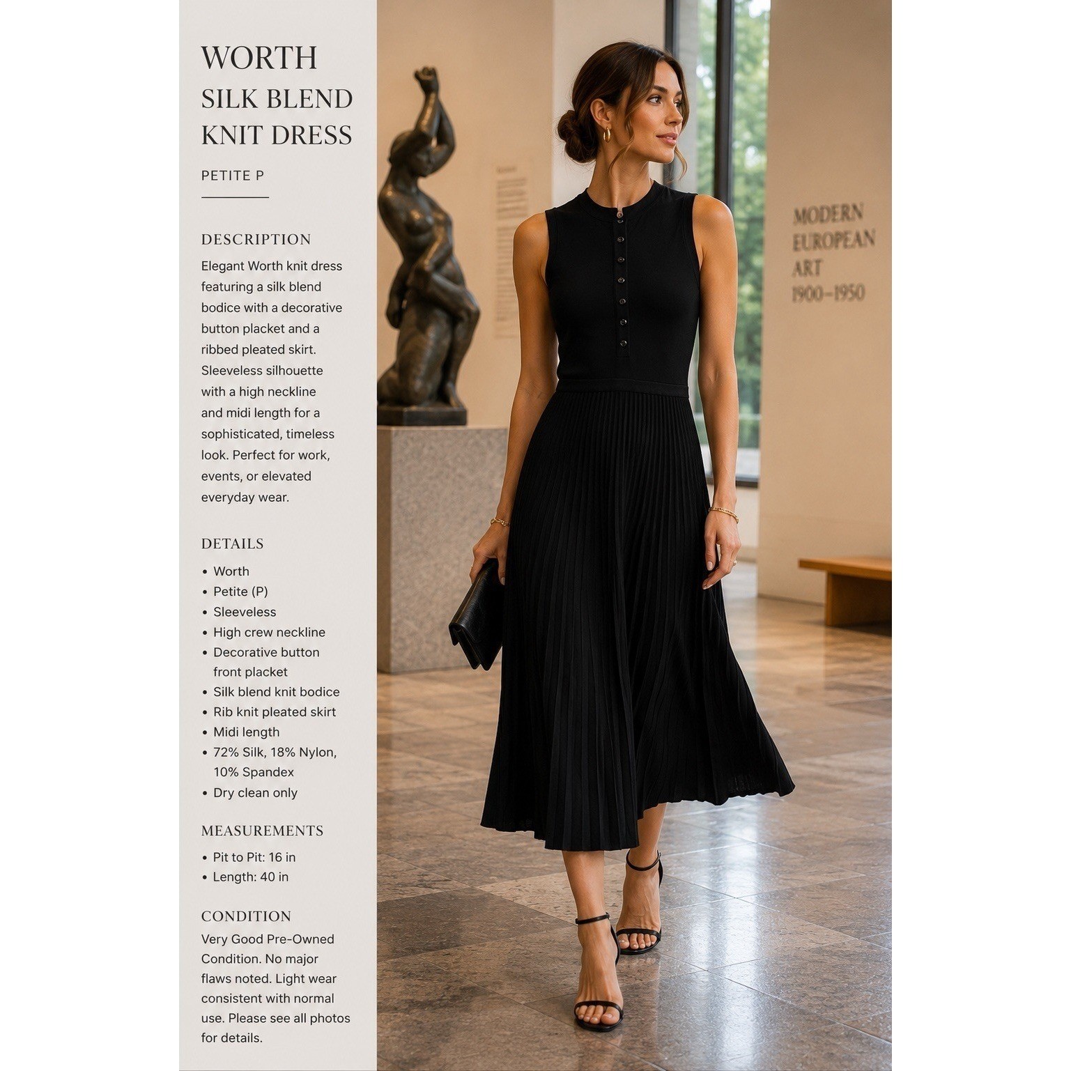 Worth Black Silk Blend Knit Midi Dress Pleated Skirt Sleeveless Button Front P