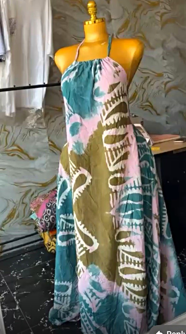 Women’s One Size Abstract Halter Backless Tie Maxi Dress Teal Pink Olive White