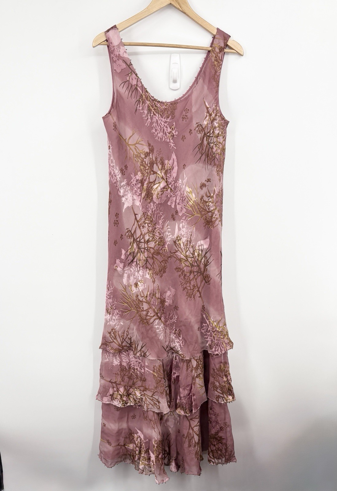 Vintage 90s Y2K Silk Maxi Dress Fairy Burnout Beaded Tiered Whimsy Pink Indie