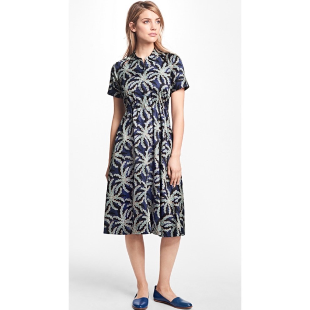BROOKS BROTHERS Cotton Sateen Midi Shirt Dress Size 12 Blue Black Short Sleeve