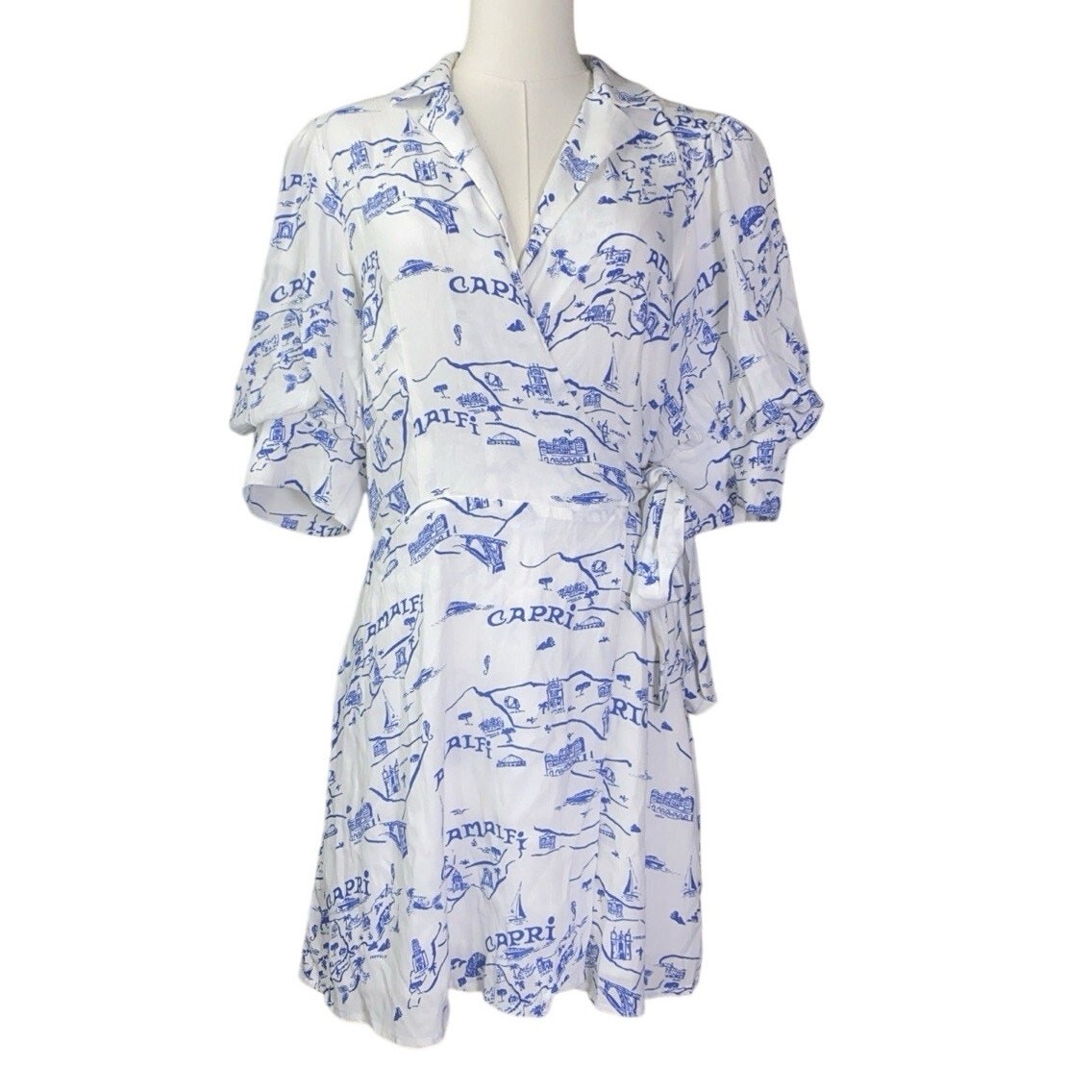Anthropologie x Maeve Italian Coast Map Print Wrap Mini Dress Blue White