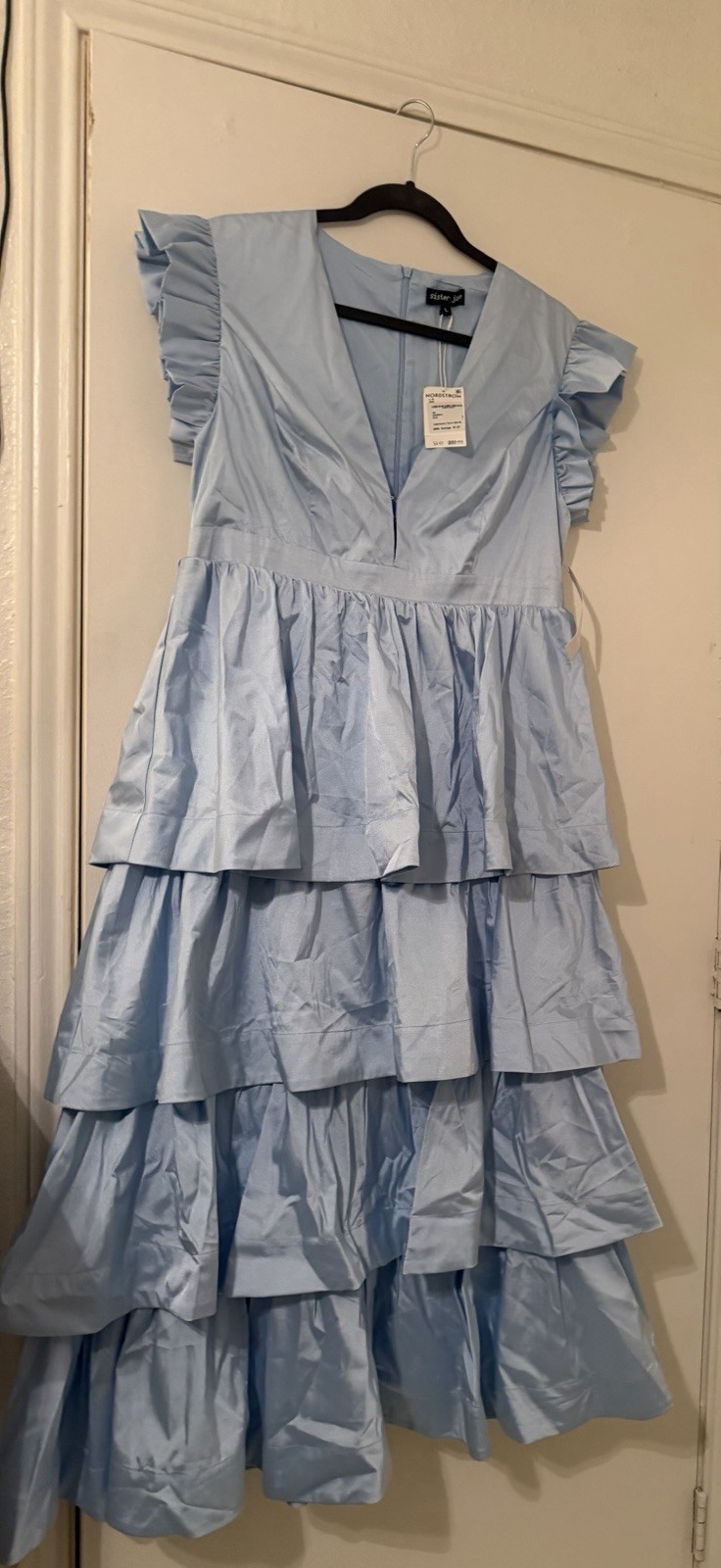 Sister Jane Feria Plunging Tiered Ruffle Midi Dress Pastel Blue Size Medium New