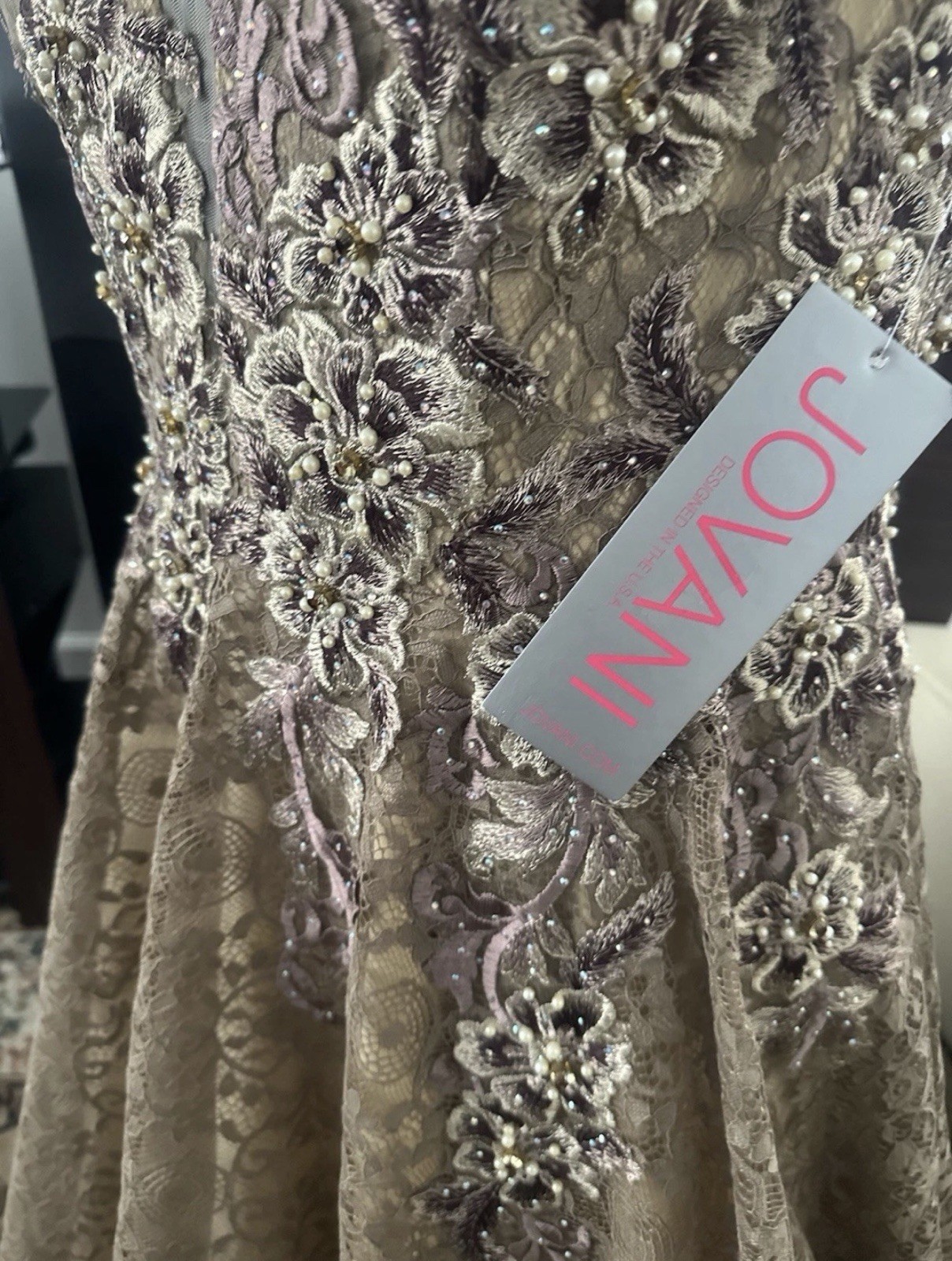 Jovani – Embellished Lace A – Line Evening Gown Taupe Size 14