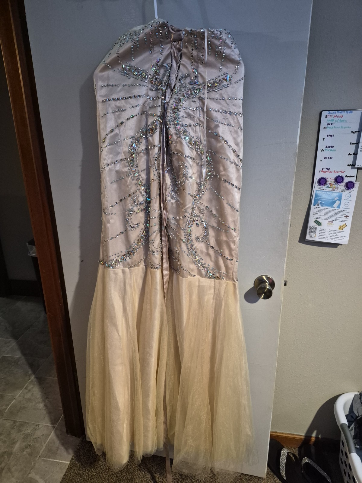 Strapless Sweetheart Satin Long Gown L/XL Beige Beaded Sequin Tulle Lined