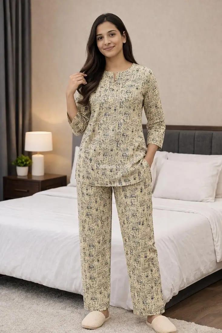 Women’s Pure Cotton Printed 2-Piece Nightsuit – Three-Quarter Sleeve Relaxed