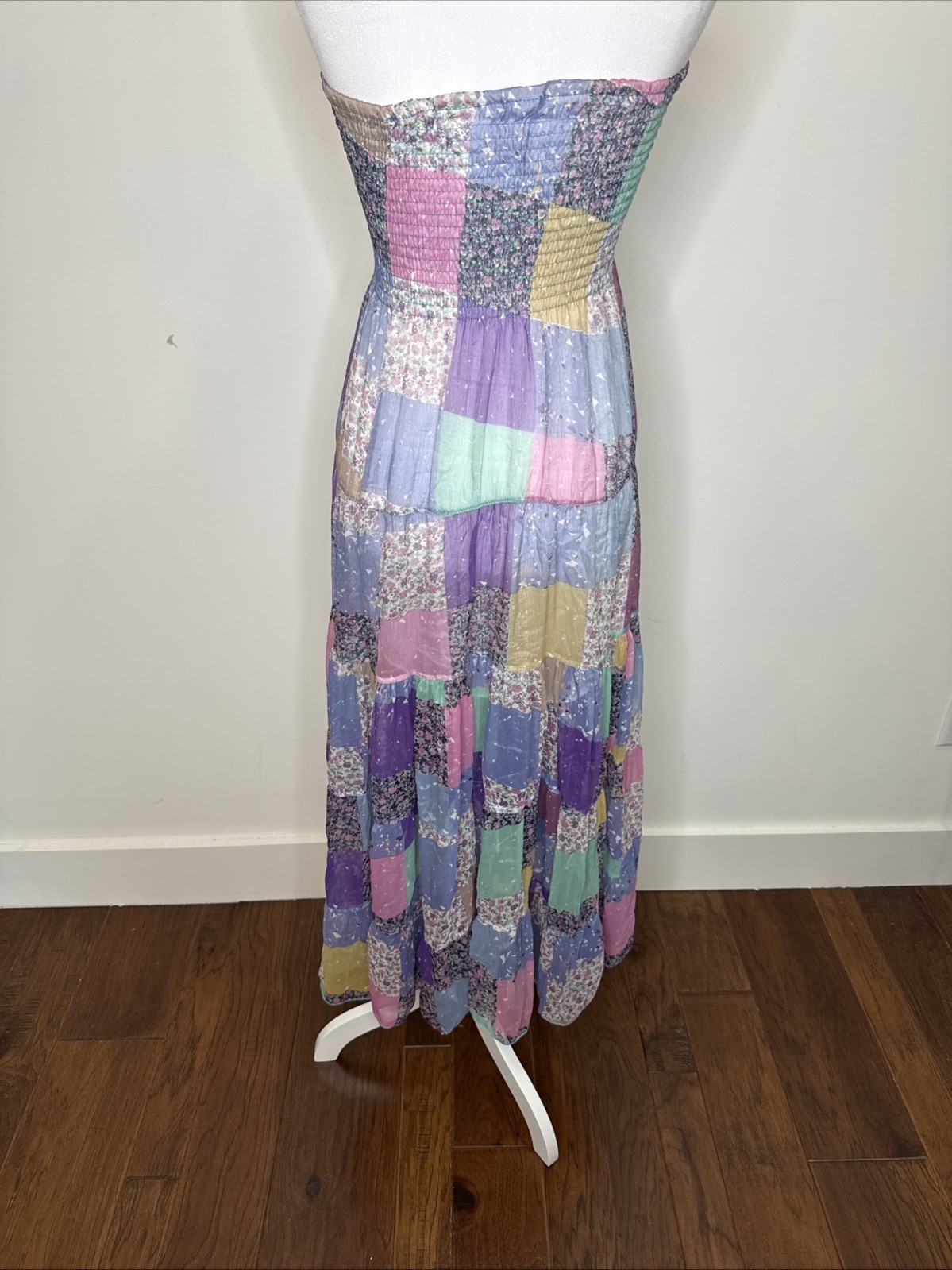 Patchwork Maxi Midi Silk Strapless Smocked Dress Coastal Grandma Cottage Boho S