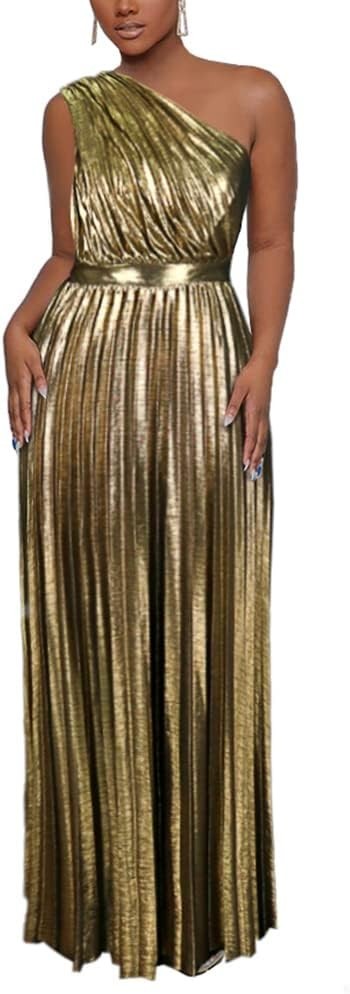 AOMEI Women’s Gold Luxury Metallic One Shoulder Sleeveless Elegant Pleated Long