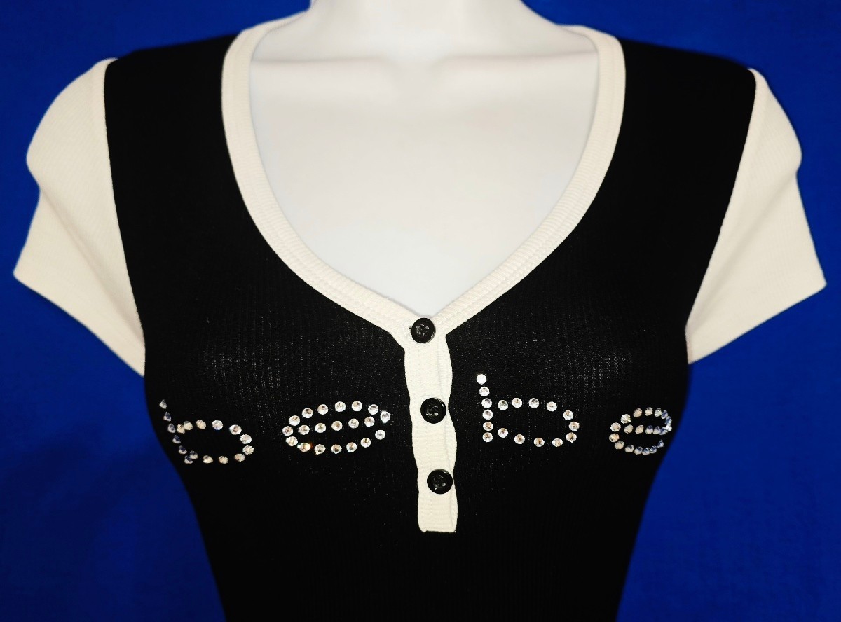 “RARE” BEBE SWAROVSKI CRYSTAL RHINESTONE LOGO BUTTON FRONT DRESS STRETCHY S NWOT