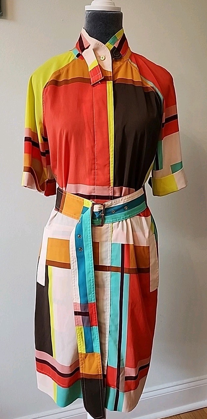 Donna Morgan Color Block Dress Sz 2 Belted Pockets Belt Collar Vibrant