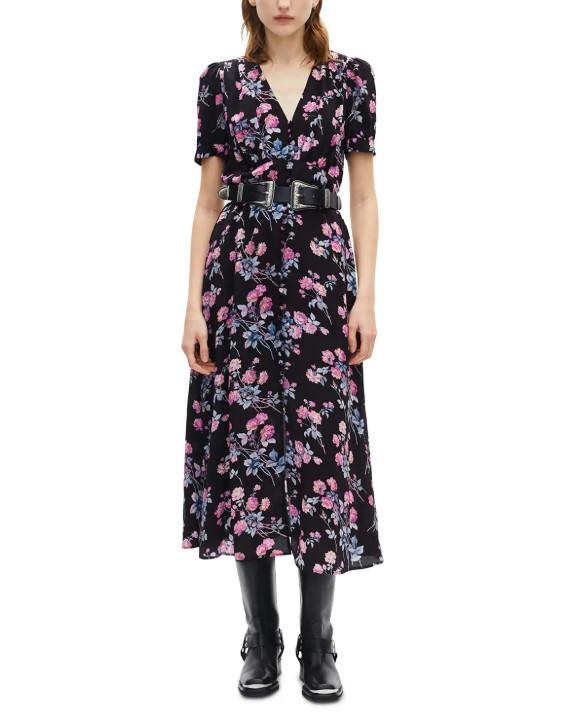The Kooples Floral Viscose Midi Dress V-Neck Button Front Slit Size S NWT