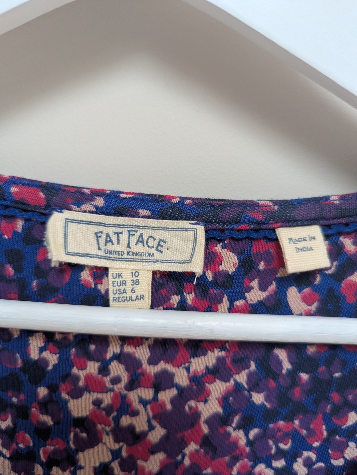 Fat Face Purple & Blue Abstract Print Dress Size 10 Jersey Stretch Ruched Sleeve