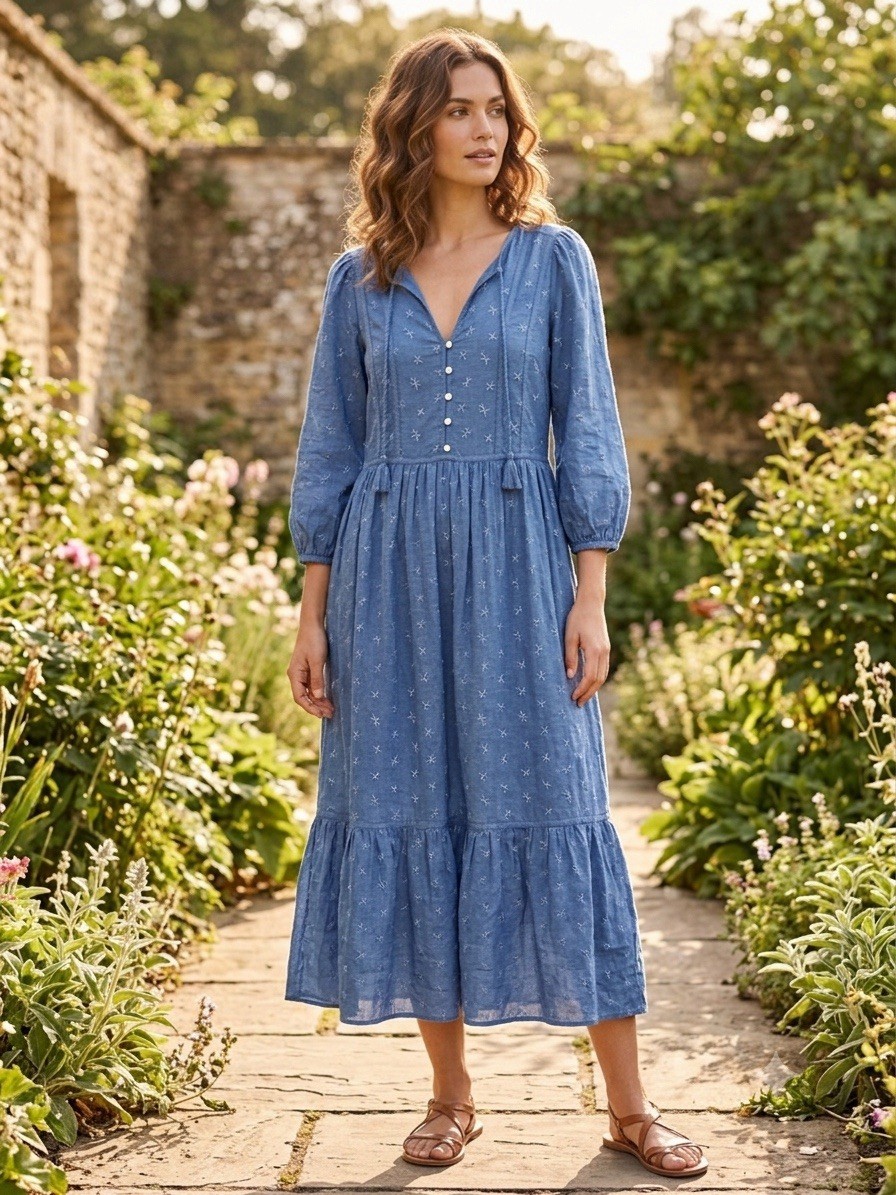 Old Navy Women’s M Tiered MIDI Dress Blue Cotton Applique 3/4 Sleeve Prairie NEW