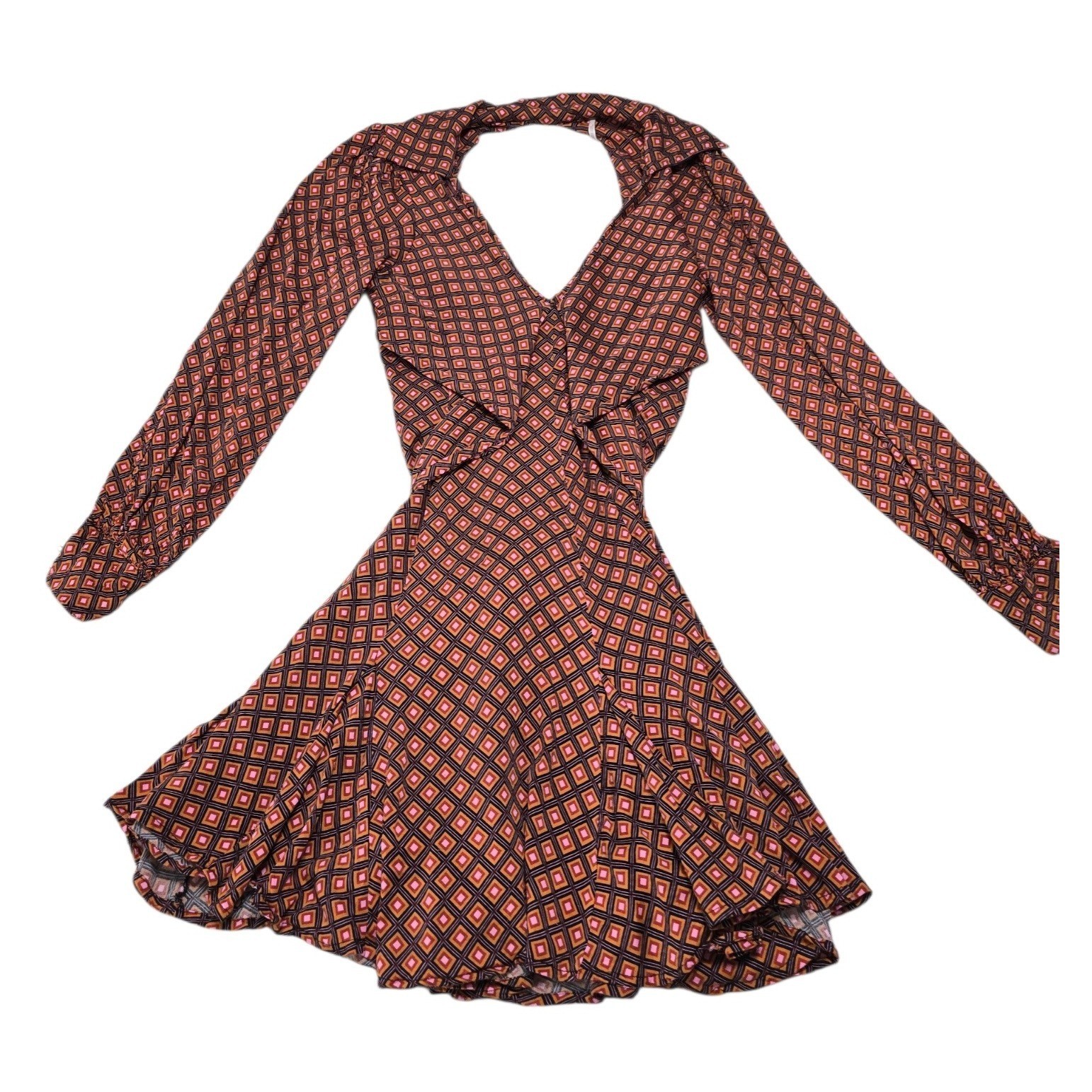 Free People Retro Geometric Diamond Print Open Back Mini Dress Orange Pink Sz M