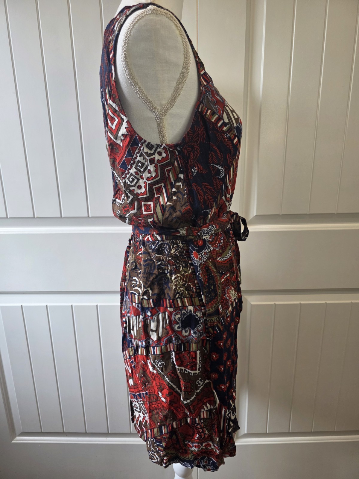 Lucky Brand NWT Patchwork Print Sleeveless Tie Waist Sz M Dress Boho Rayon