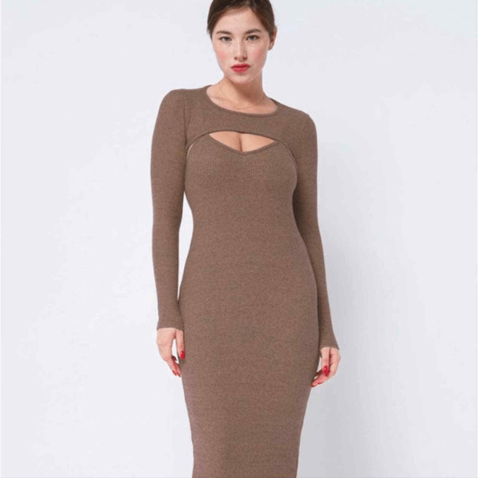 SEXY Cut out ribbed knit shrug midi dress brown AGRADE large
