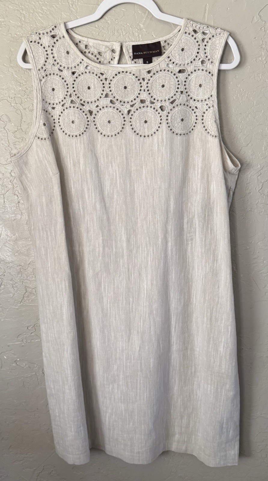 DANA BUCHMAN Cream Linen Blend Crochet Sleeveless Shift Dress Boho Coastal Sz 16