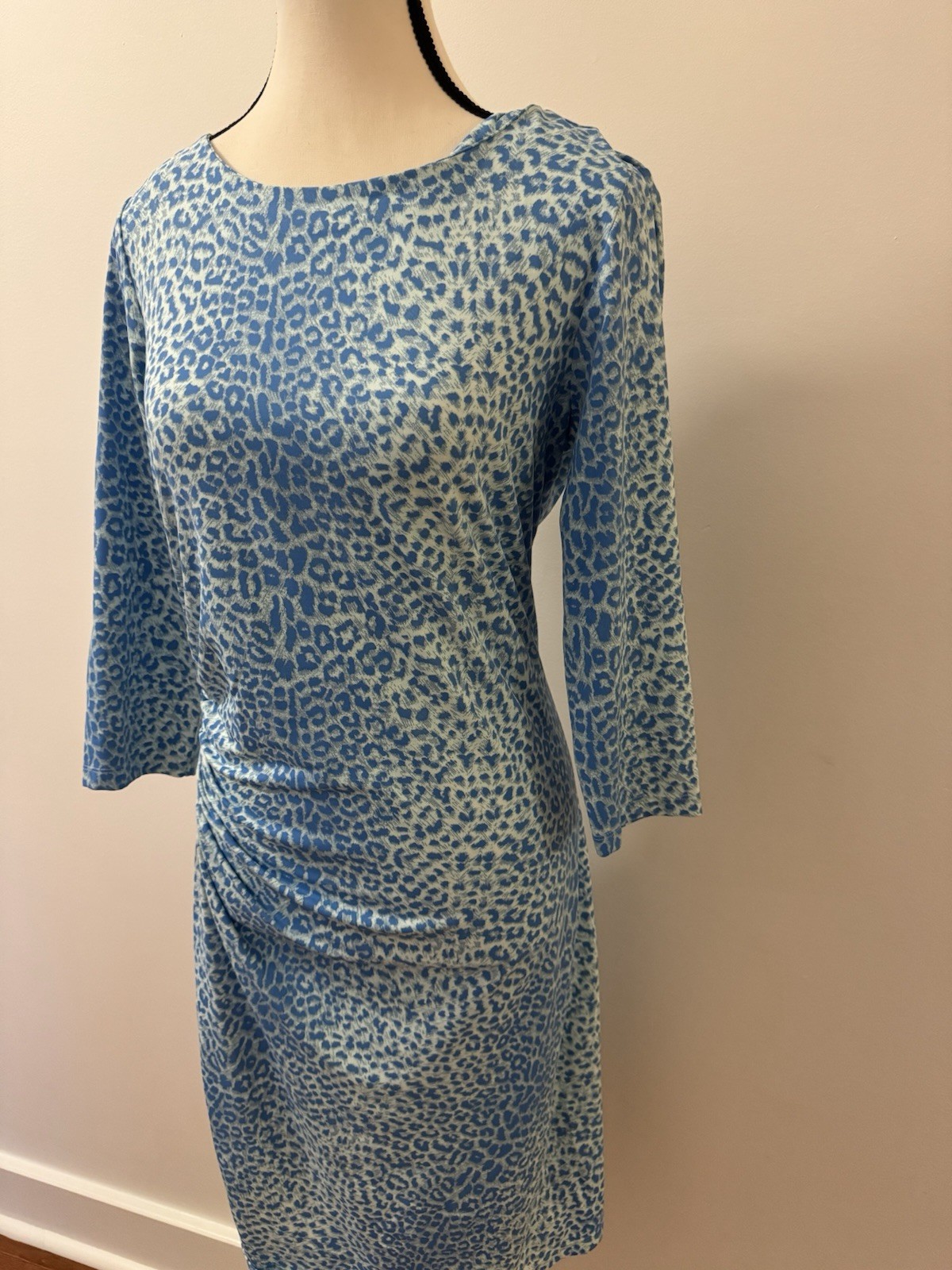 J McLaughlin Blue Leopard Print Ruched Sheath Dress Women’s Medium