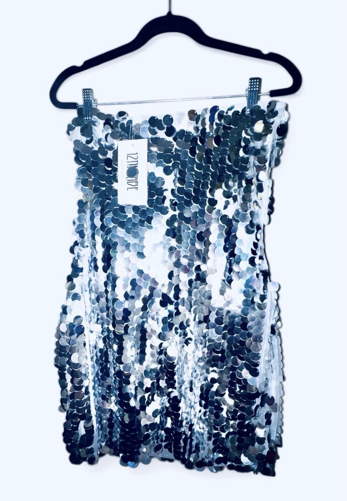 NWT 12th Tribe Silver Sequin Strapless Bodycon Mini Dress Size M Party/Cocktail