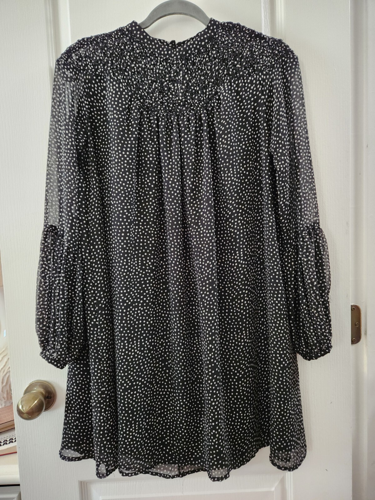 ZARA Collection Smocked High Neck Black/Ivory Polka Dot Dress Long Sleeve Size S