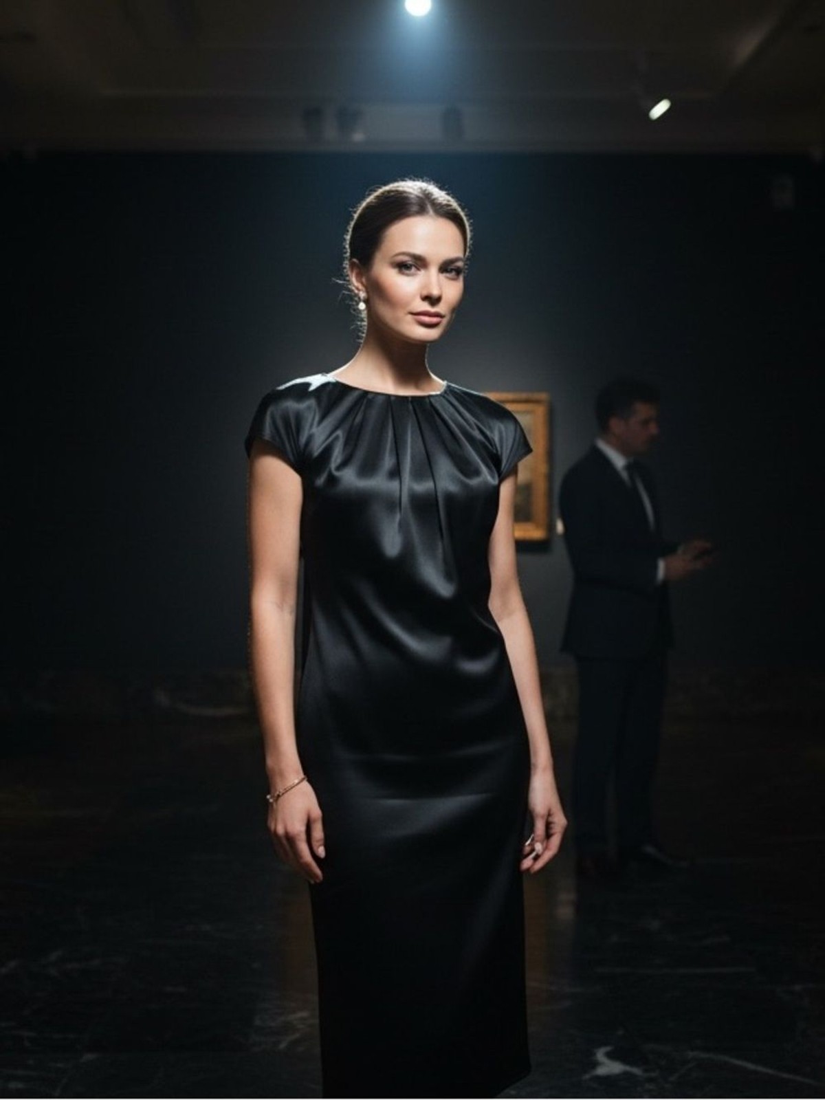 No Comment Black Satin Pleated Neck Belted Midi Shift Dress Size 12