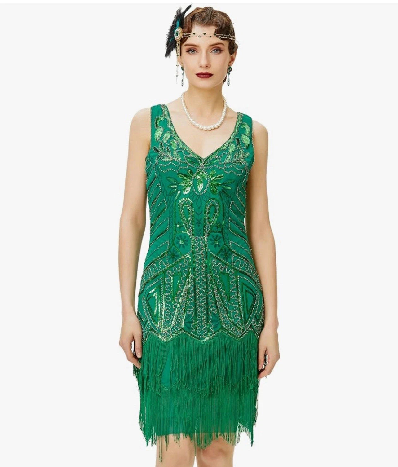 BABEYOND Women’s XXXL 1920s Green Beaded Sequin Fringe Flapper Dress Party