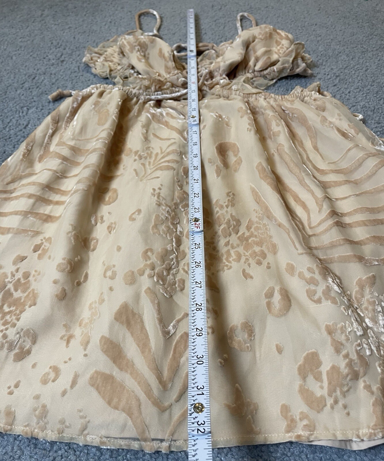 Saboluxe Strappy Open Back Dress M Mini Beige Velvet Floral Mesh Cut Out Waist