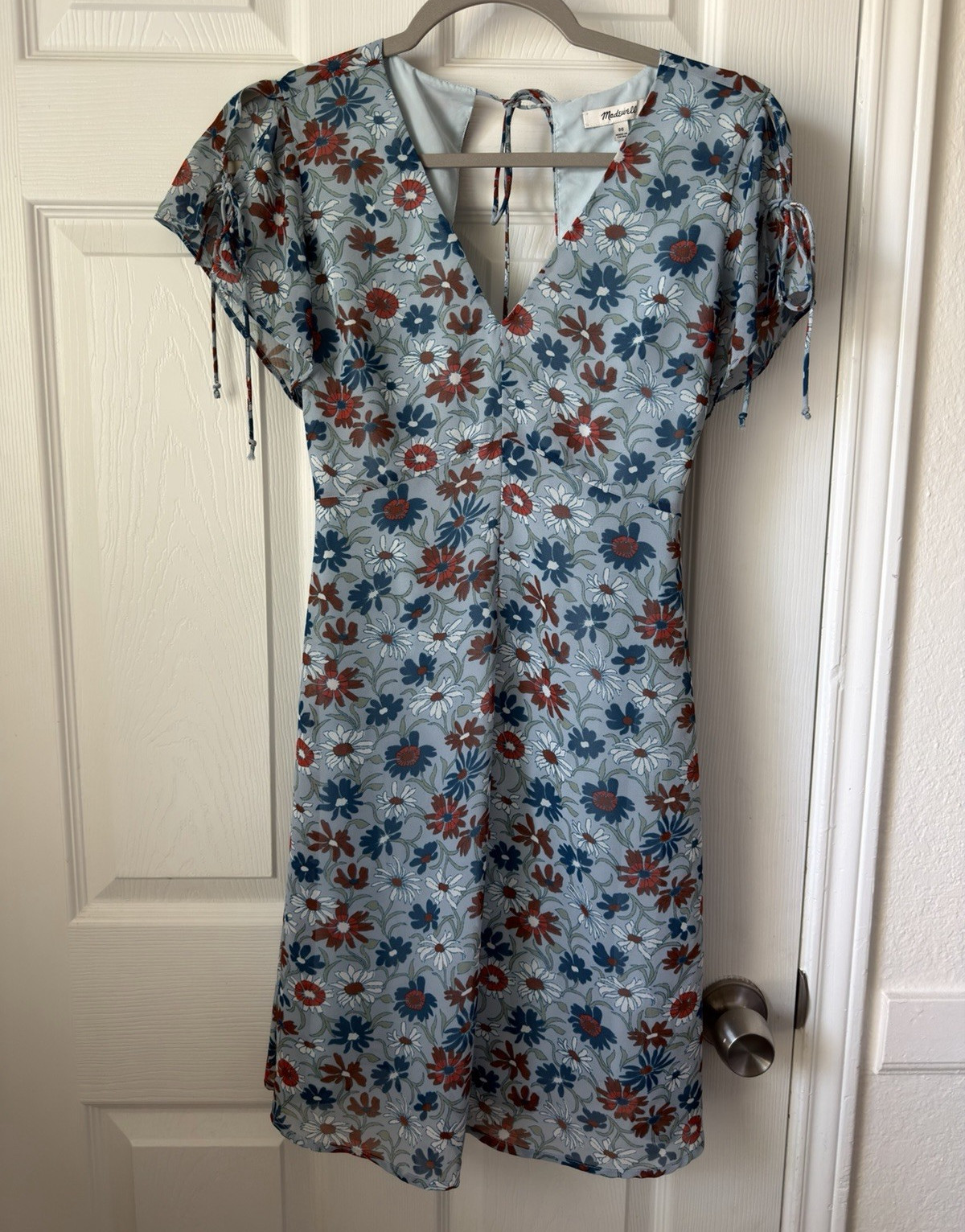Madewell Wildflower Garden Open Back Mini Dress Blue Floral Flutter Sleeve 00