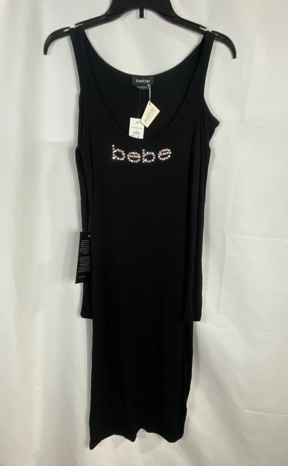 Bebe Women’s Black Midi Cold Shoulder Dress Swarovski Ribbed NWT Sz S