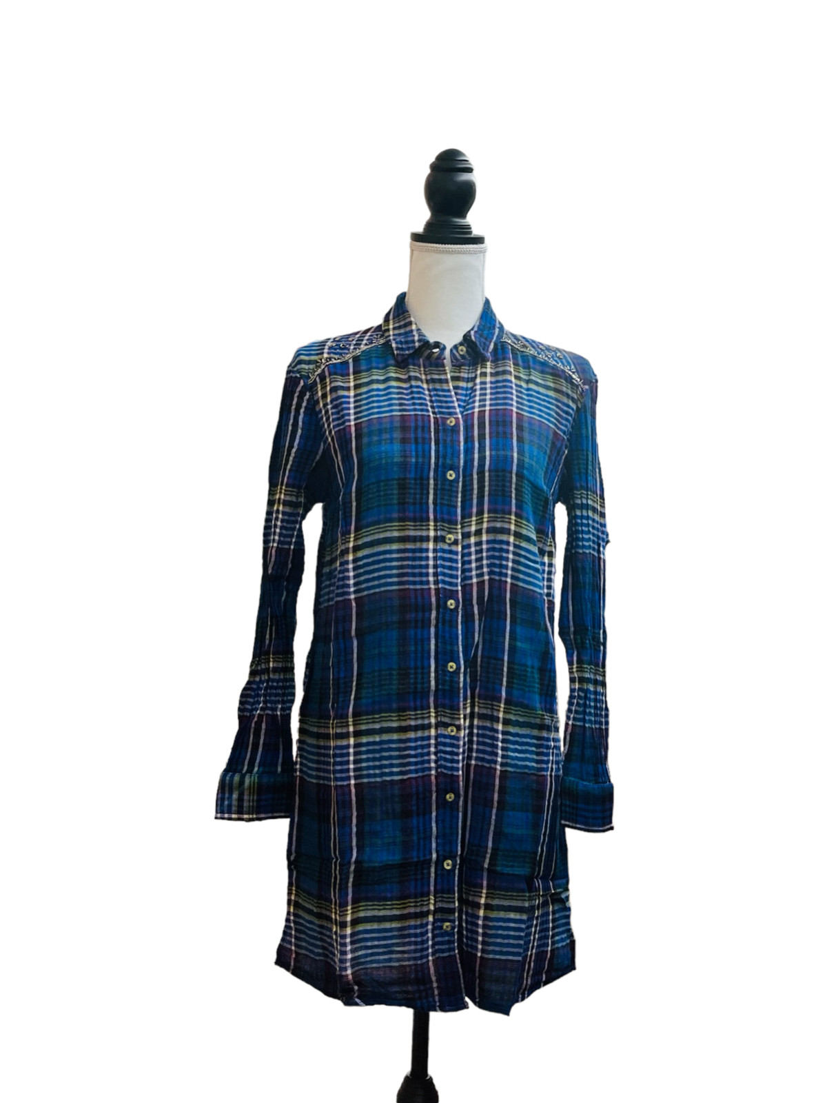 True Craft Women Blue Plaid Button Up Casual T-Shirt Dress M