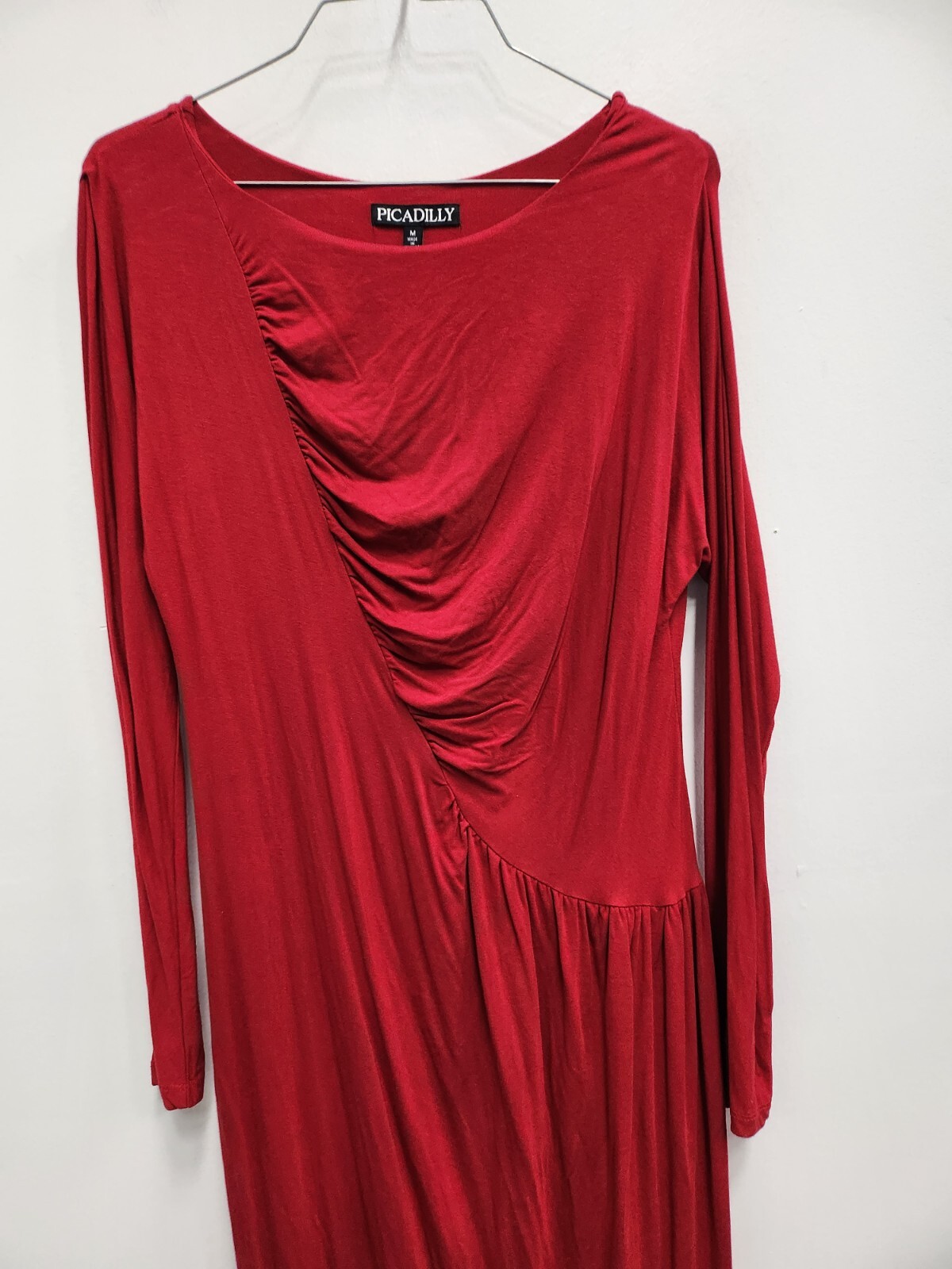 Picadilly Midi Dress Medium Red Ruched Long Sleeve Jersey Carrier Holiday Office