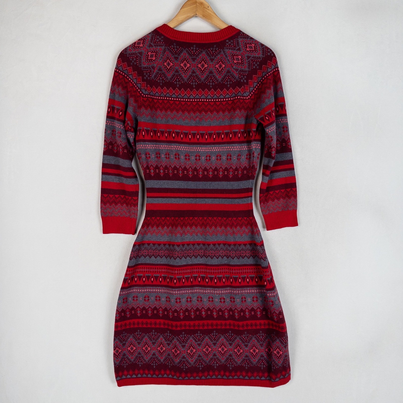 Athleta Womens Sweater Dress Small Red Grey Fair Isle Knit Split Neck 3/4 Sleeve