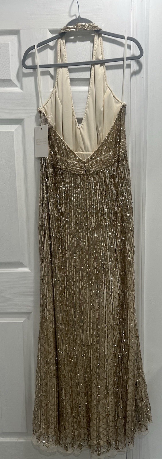 Mac Duggal 5759 Sequined Halter Strap Trumpet Gown Nude Gold Size 14