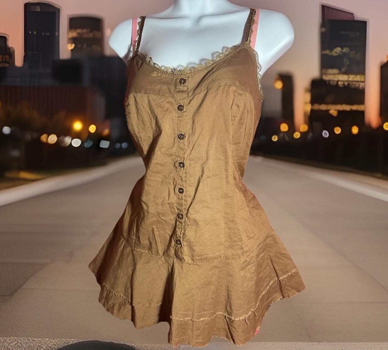 At Last VTG Sleeveless Mini Dress Brown Canvas Raw Hem Lace Neckline Womens L