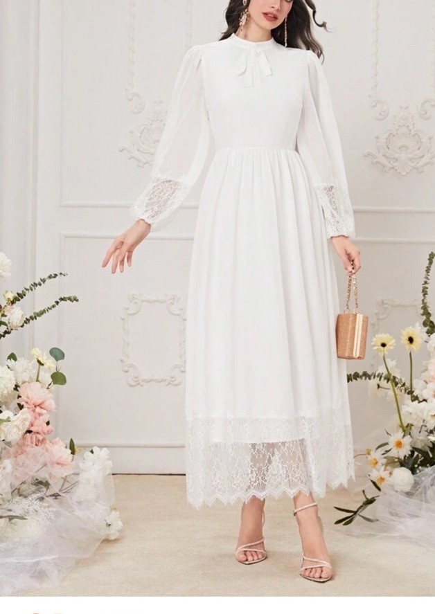 SHEIN Women Sz 12-XL White Long Sleeve Lace Maxi Dress Romantic Boho Cottagecore