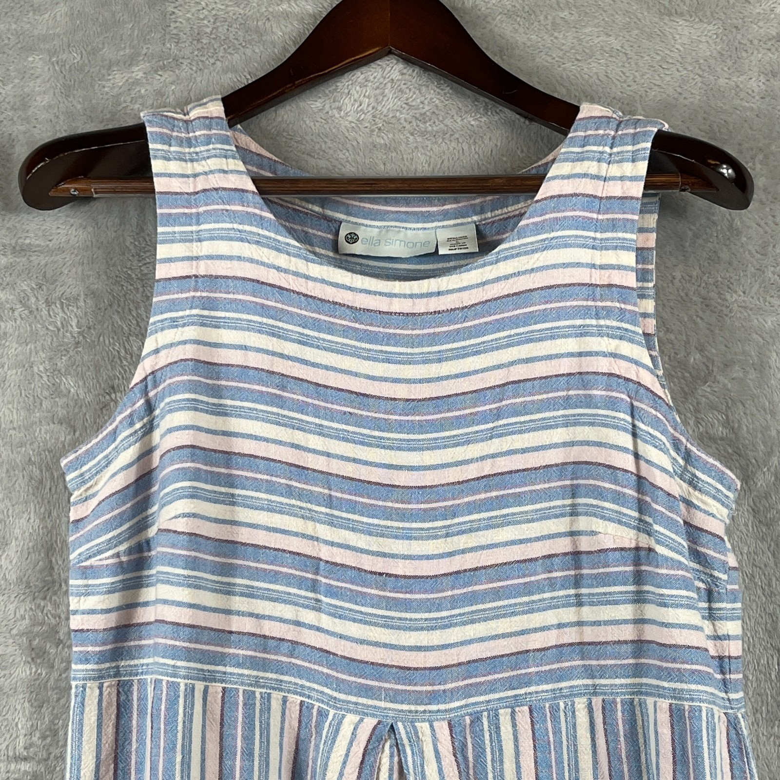 Ella Simone Womens L Linen Striped Sleeveless Pocket Dress Boho Coastal Comfy