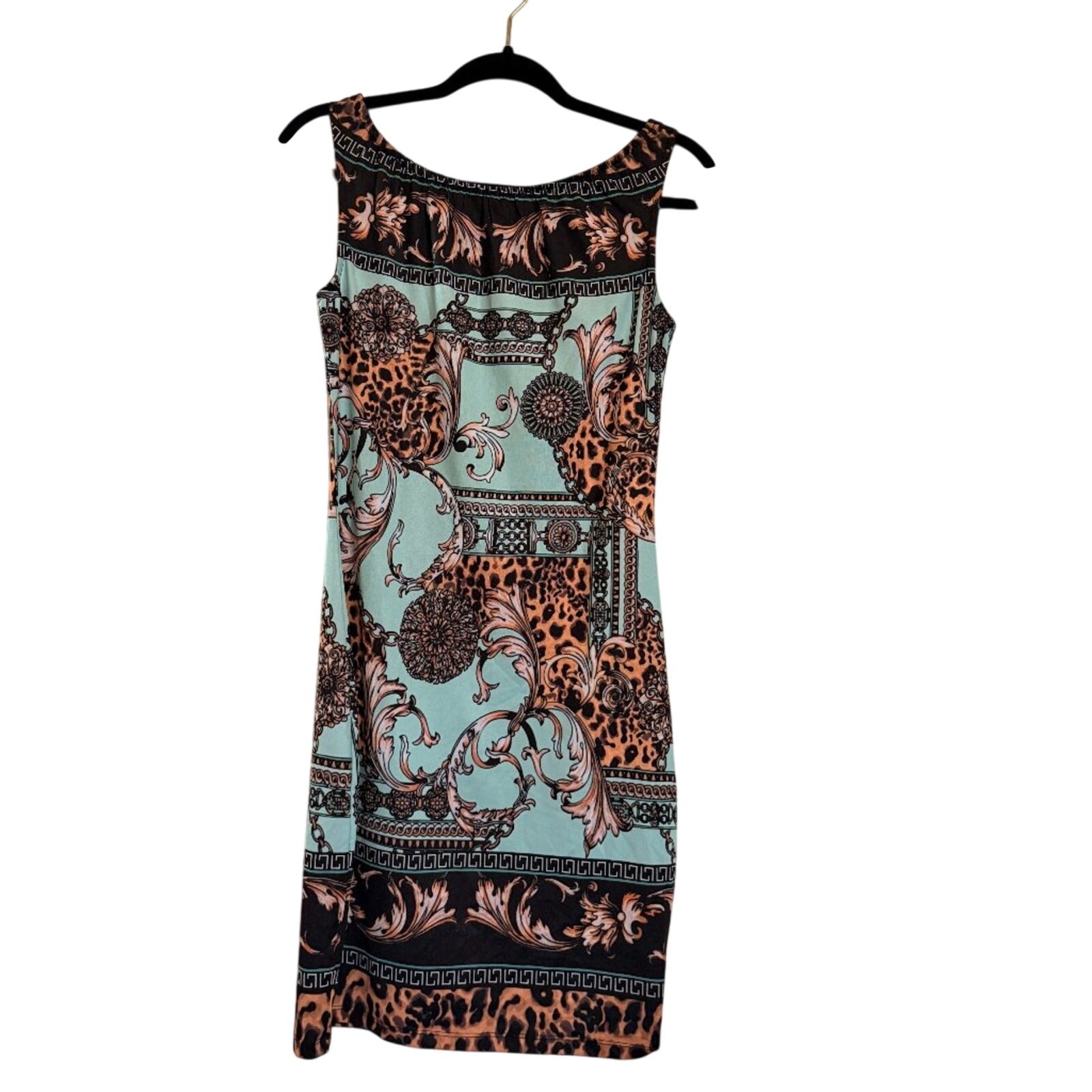 VENUS Small Leopard Baroque Print Bodycon Sheath Dress Sleeveless Stretch Midi