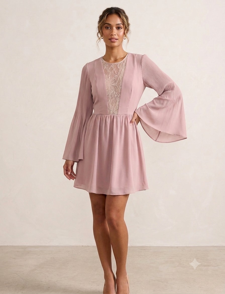 TOBI Lace Panel Bell Sleeve Mini Dress Womens M Mauve Blush Wedding Guest NWT