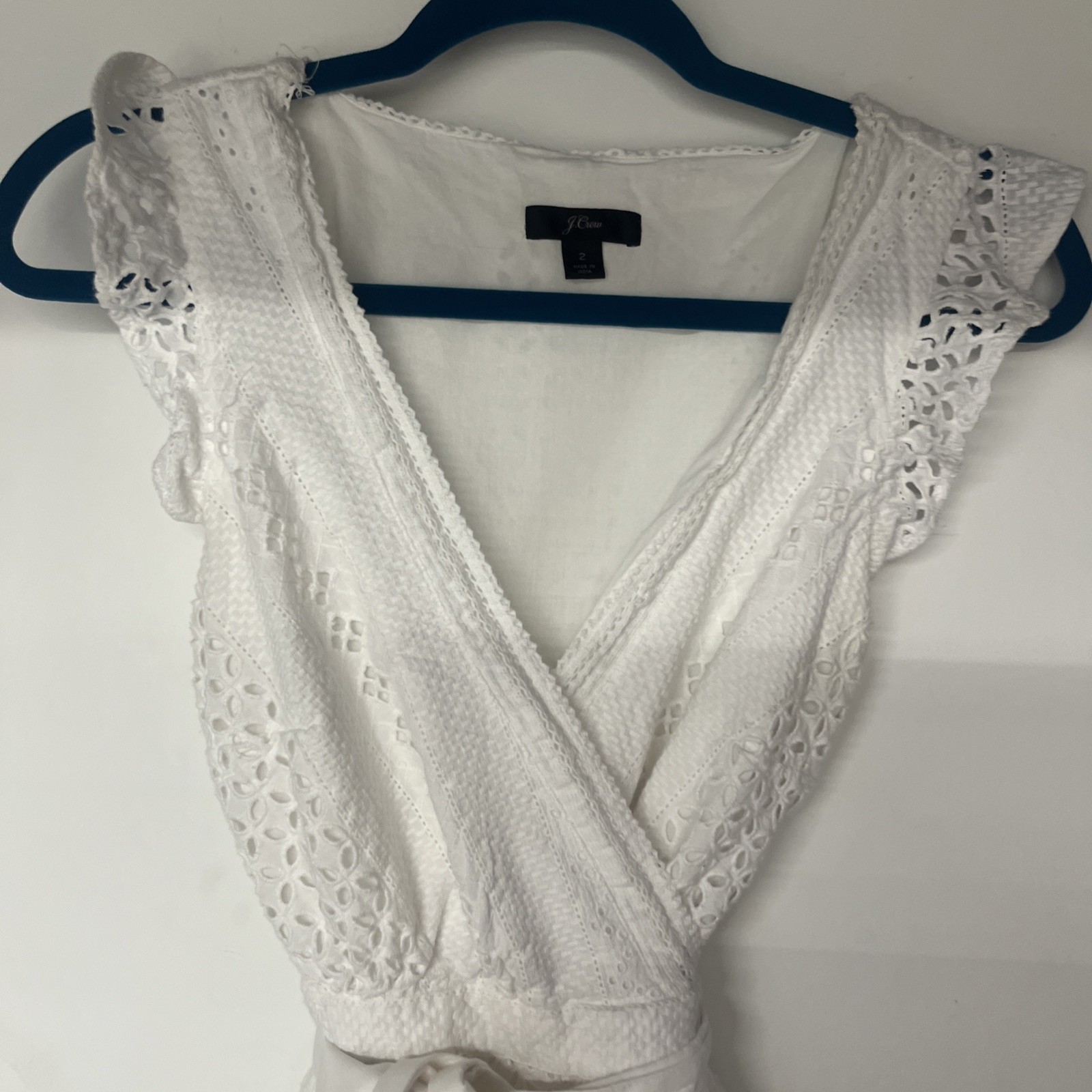 JCrew White Eyelet Wrap Dress Size 2 Cotton Flutter Sleeve Cottagecore White