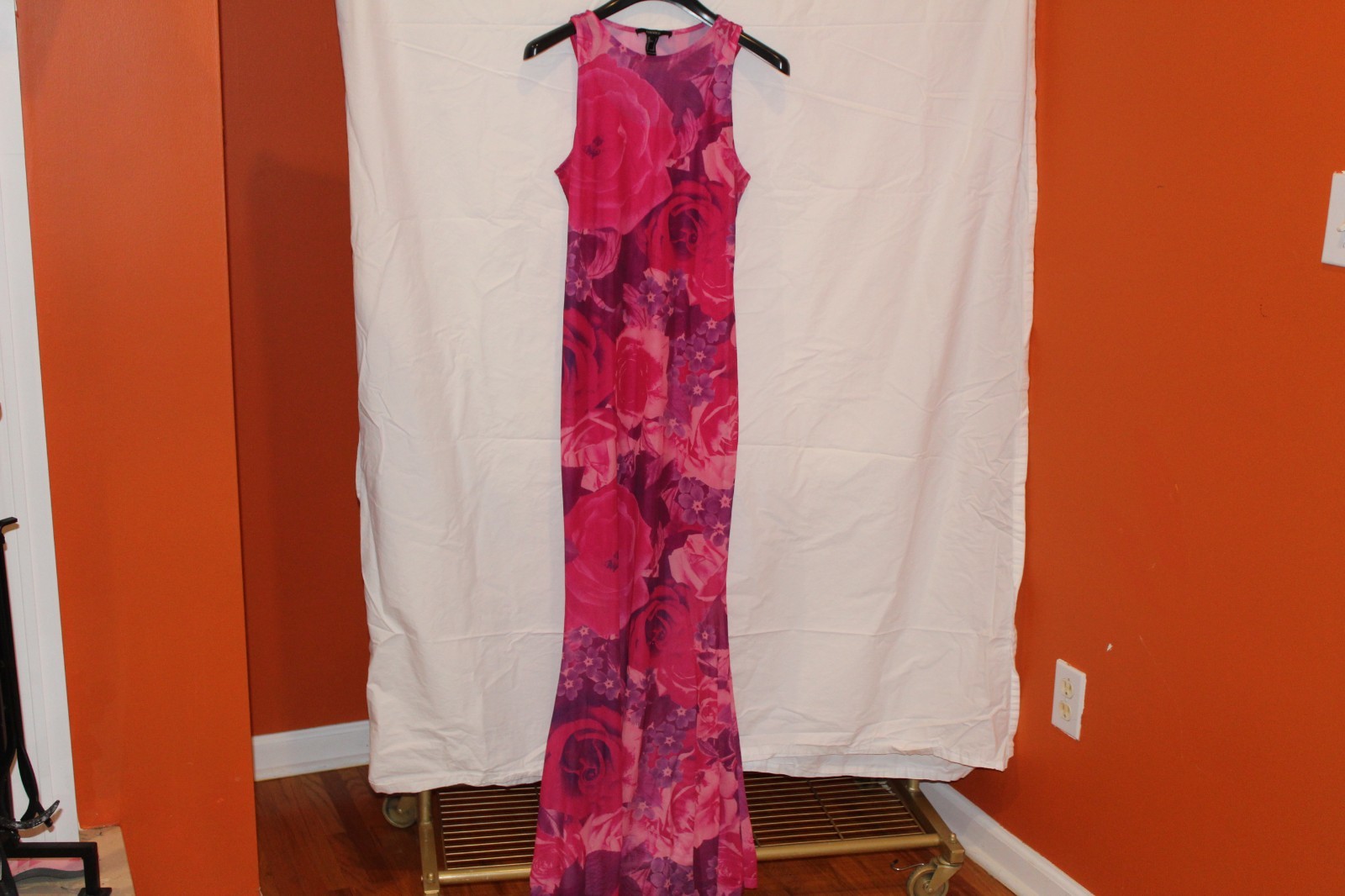 Forever 21 Floral Mesh Maxi Dress Women’s Medium Pink Purple Sleeveless Bodycon