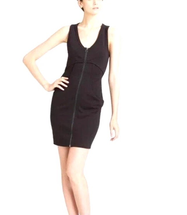 T by Alexander Wang Ponte Front Zip Dress Black Sheath Sleeveless Pocket Mini XS