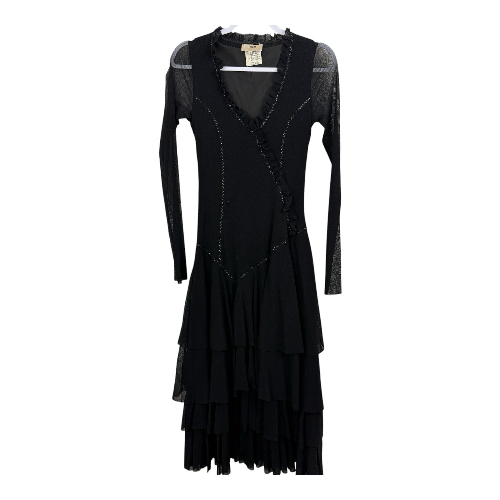 FUZZI Whimsigoth Tiered Dress Sz M Italy Black Mesh Fit Flare Layered Witchy