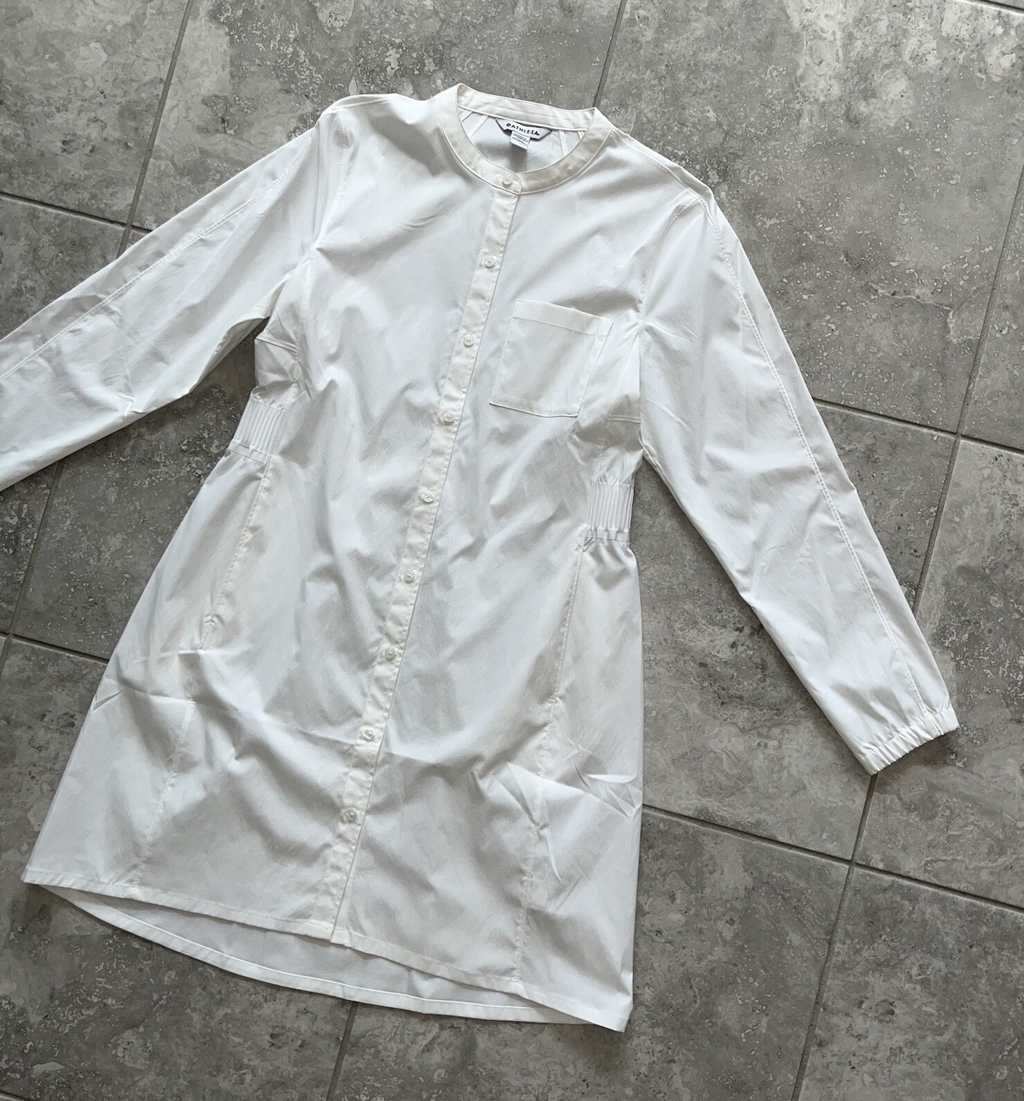 Athleta White Long Sleeve Button Shirt Dress Midi Cinched Waist Pocket M New
