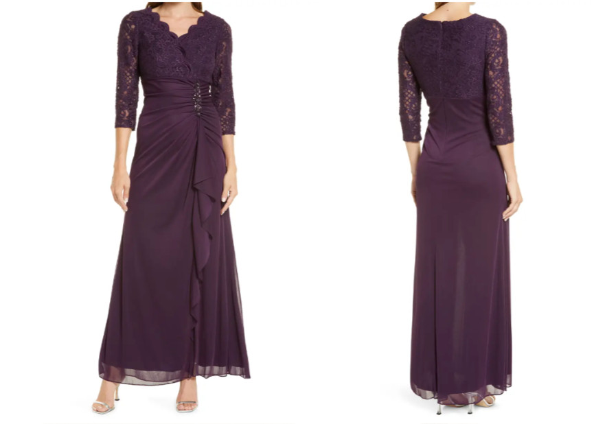 ALEX EVENINGS Purple Eggplant Sequin Beaded Jewel Lace Ruffle Gown Maxi Dress 16