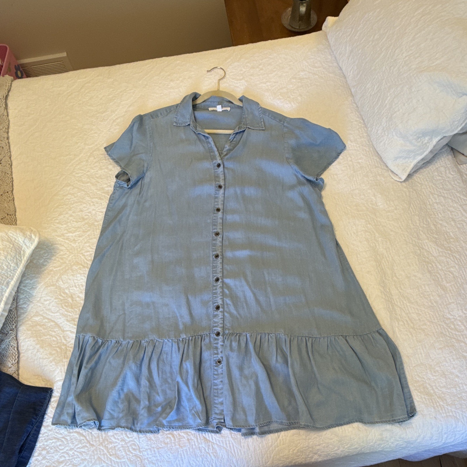 Jane + Delancey 1X Plus Blue Solid Collared Shirt Dress Button Front Ruffle